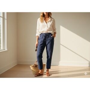 Loft Womens Linen Blend Pants Sz SP Navy Blue Coastal Grandmother Cuffed Relaxed